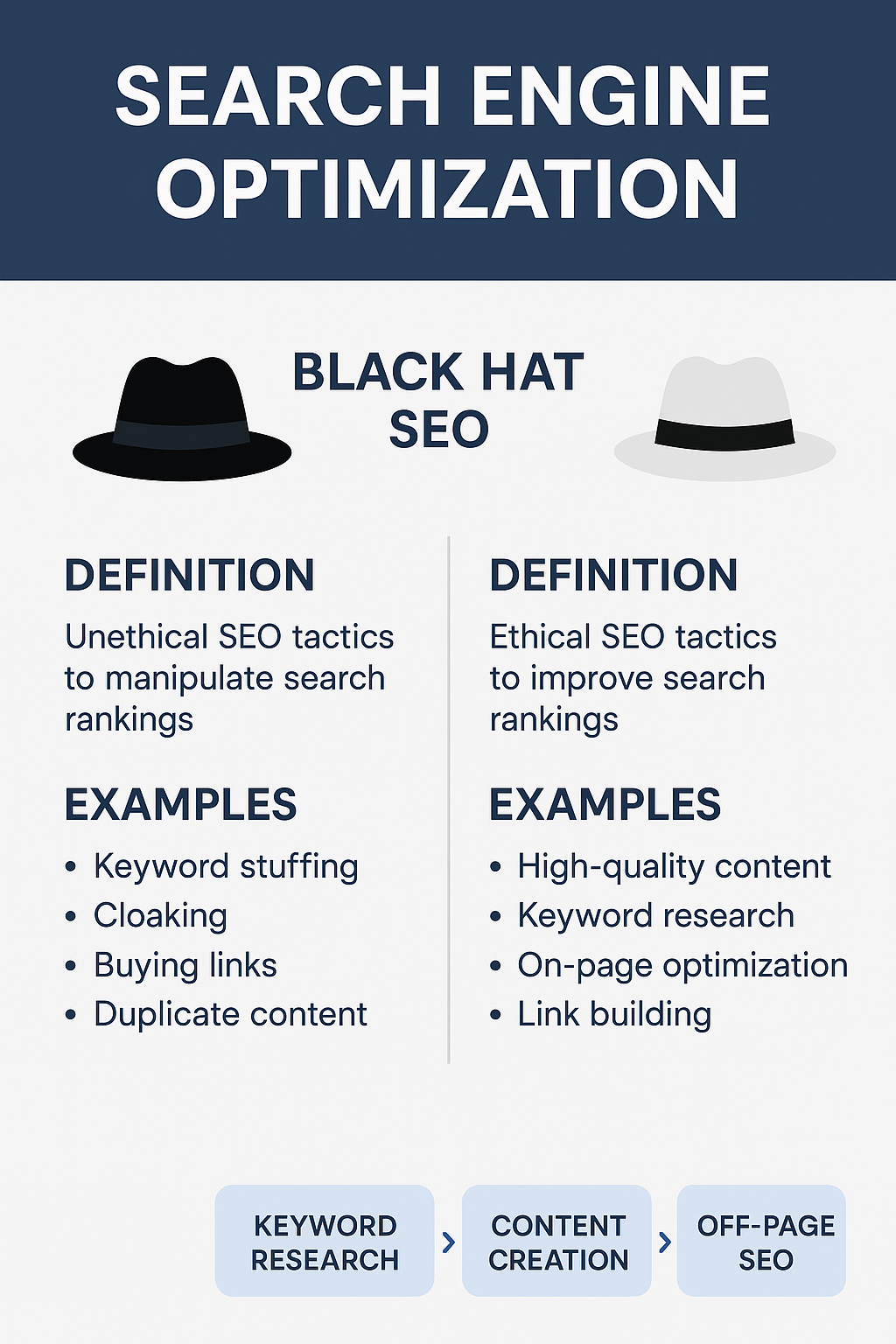 infographic comparing black hat seo and white hat seo showing definitions examples and differences in an organized layout .
