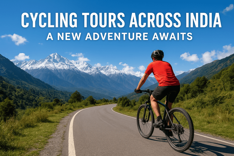 A cyclist riding on a mountain road with snow-covered peaks and lush green valleys in the background, promoting cycling tours across India.