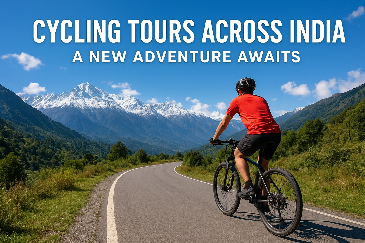 A cyclist riding on a mountain road with snow-covered peaks and lush green valleys in the background, promoting cycling tours across India.
